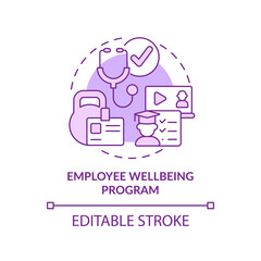 Employee wellbeing program purple concept icon. Fitness classes. Employee engagement abstract idea thin line illustration. Isolated outline drawing. Editable stroke. Arial, Myriad Pro-Bold fonts used