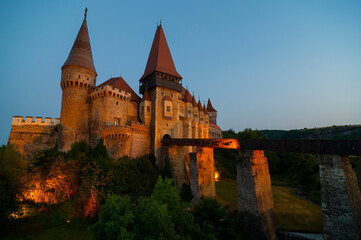 Fototapeta na wymiar Corvin Castle at blue hour, Transylvania,. Romania