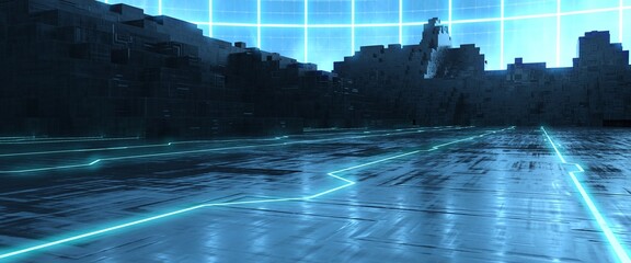 Futuristic Cyber City. Blue Neon Lights. Wet Black Road. Wallpaper in a style of cyberpunk. City of a future. Cyber industrial cityscape. 3D illustration.