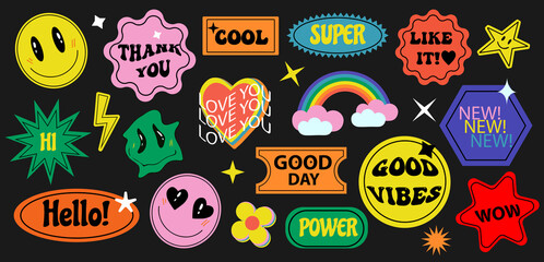 Stickers Retro 70s set. Cool Trendy labels, badges. Modern acid patches hippie hipster style. Vector illustration - obrazy, fototapety, plakaty