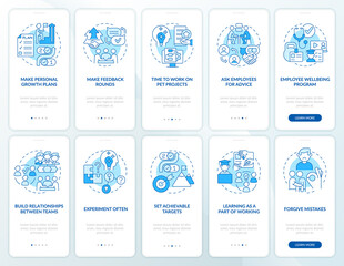Employee engagement blue onboarding mobile app screen set. Wellbeing. Walkthrough 5 steps graphic instructions pages with linear concepts. UI, UX, GUI template. Myriad Pro-Bold, Regular fonts used