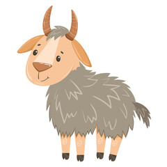 Cute goat vector flat illustration isolated on white background. Farm goat cartoon character. Agriculture, farmers, soapy goat in cartoon style.