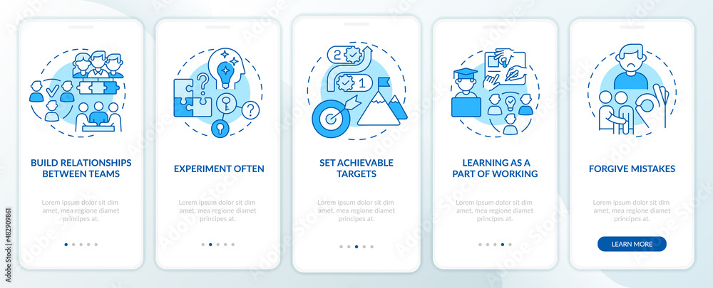 Poster worker commitment ideas blue onboarding mobile app screen. experiment. walkthrough 5 steps graphic i