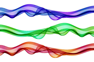 Set of blue green and red waves on white background, design element
