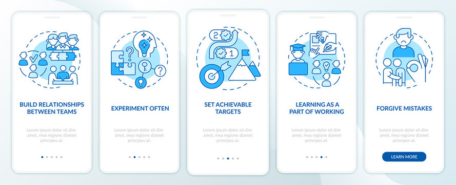 Worker commitment ideas blue onboarding mobile app screen. Experiment. Walkthrough 5 steps graphic instructions pages with linear concepts. UI, UX, GUI template. Myriad Pro-Bold, Regular fonts used