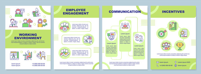 Conducive work environment green brochure template. Employee engagement. Leaflet design with linear icons. 4 vector layouts for presentation, annual reports. Arial-Black, Myriad Pro-Regular fonts used