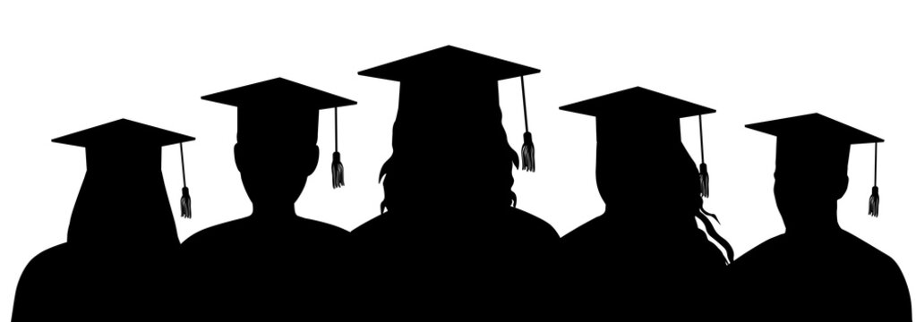 Silhouettes of graduates in graduation caps stand behind each other. Vector illustration