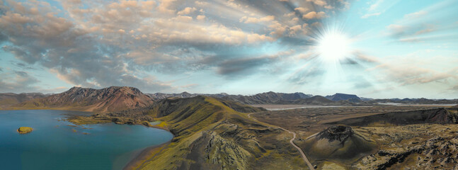 Panoramic aerial view of Landmannalaugar landscape in summer season, Iceland from drone.