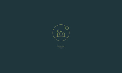 A line art icon logo of a house with a circle and sun/moon.