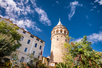 Galata Tower in Istanbul on a bright sunny day, Turkey.