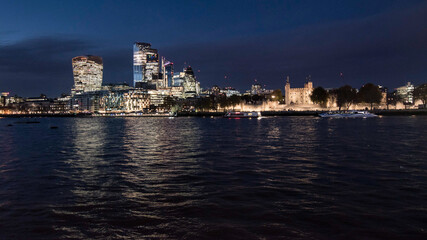 A beautiful sunset over the Tower of London and the skyscrapers of the City