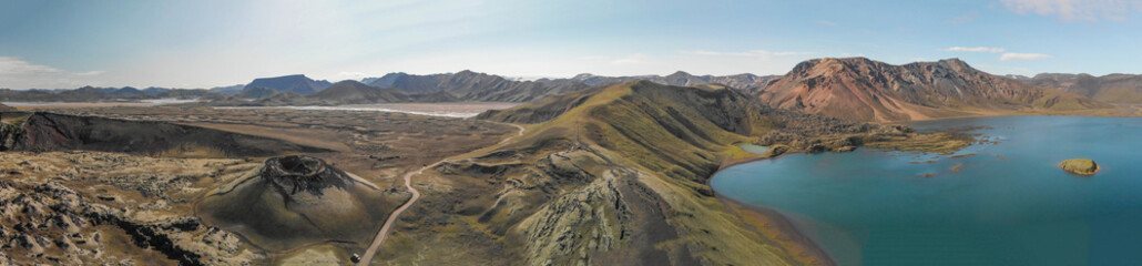 Panoramic aerial view of Landmannalaugar landscape at summer sunset, Iceland.