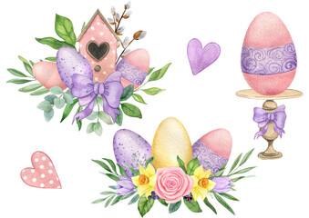 Watercolor Easter arrangements with eggs and flowers