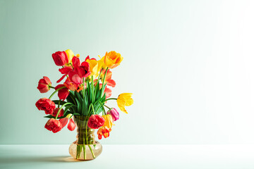 Obraz premium Big flowers bouquet of multicolored tulips in vintage glass vase on light green background with copy space. Business card. Invitation postcard. Place for greeting text. International holiday. Banner.