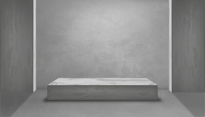 Grey Concrete studio room with 3D podium mockup,Vector backdrop empty modern loft design with lighting on back wall and rough gray cement floor, industrial interior background template © Anchalee