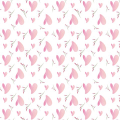 Seamless pattern, hand drawn watercolor illustration of pink cute cartoon hearts, design for a St Valentines' Day or a Wedding card 