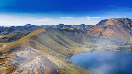 Lake and mountains of Landmannalaugar landscape in summer season, aerial view - Iceland - Europe