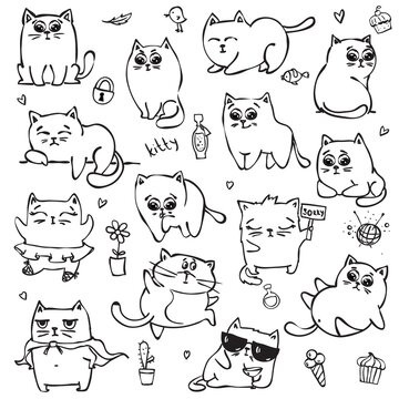Set of vector cats in simple design for kid's greeting card design, t-shirt print, inspiration poster.