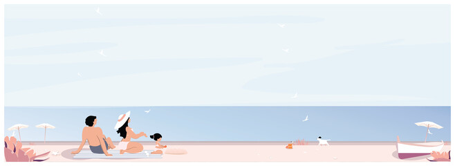 Wide panoramic of summer banner.Family outing to the beach in smmer,cleared sky,sea birds and breach.Concept of family people in summer. 