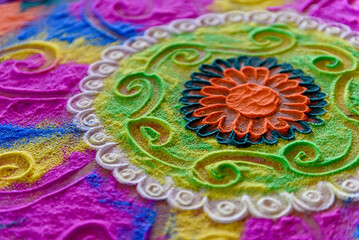 hindu traditional hand drawn colorful Rangoli pattern on the floor