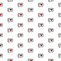 pixel Chat symbol with heart 
 background. love chat  seamless pattern, texture, wallpaper happy valentine's day