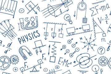 Phisics symbols doodle seamless pattern. Science subject cover template design. Education study concept. Back to school sketchy background for notebook, not pad, sketchbook. Hand drawn illustration.