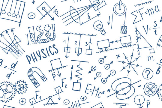 Phisics symbols doodle seamless pattern. Science subject cover template design. Education study concept. Back to school sketchy background for notebook, not pad, sketchbook. Hand drawn illustration.