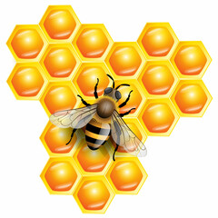 3d realistic vector illustration. Honey Background with Bee Working on a pieces of honeycomb