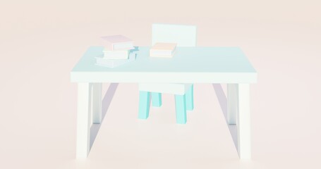 Blue table and chair low poly, heavenly atmosphere. 3d rendering. Front furniture.