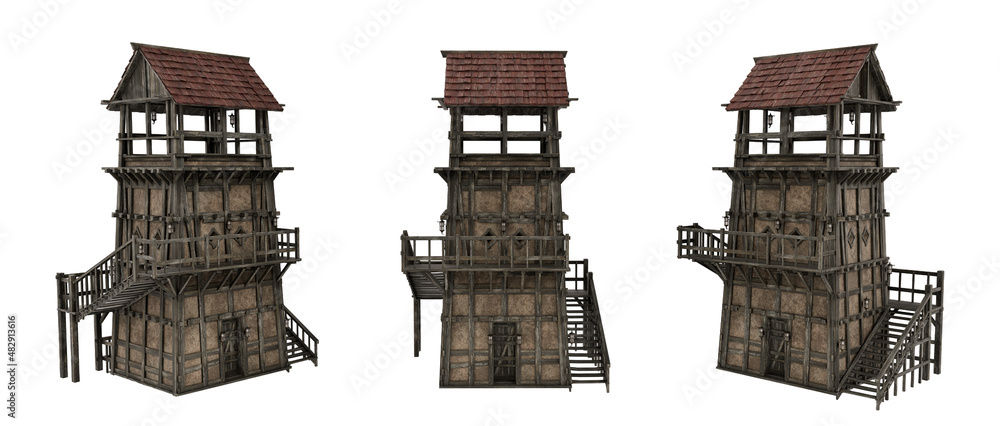 Leinwandbilder medieval tower building with timber and stone construction. 3d illustration with 3 different angles 