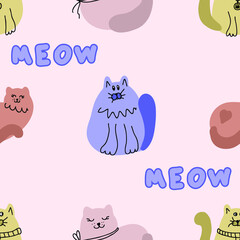 Hand drawn seamless pattern with fat funny cats and text MEOW. Perfect for T-shirt, textile and print. Doodle vector illustration for decor and design.

