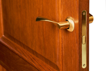 Metal handle and internal lock on an open wooden door.