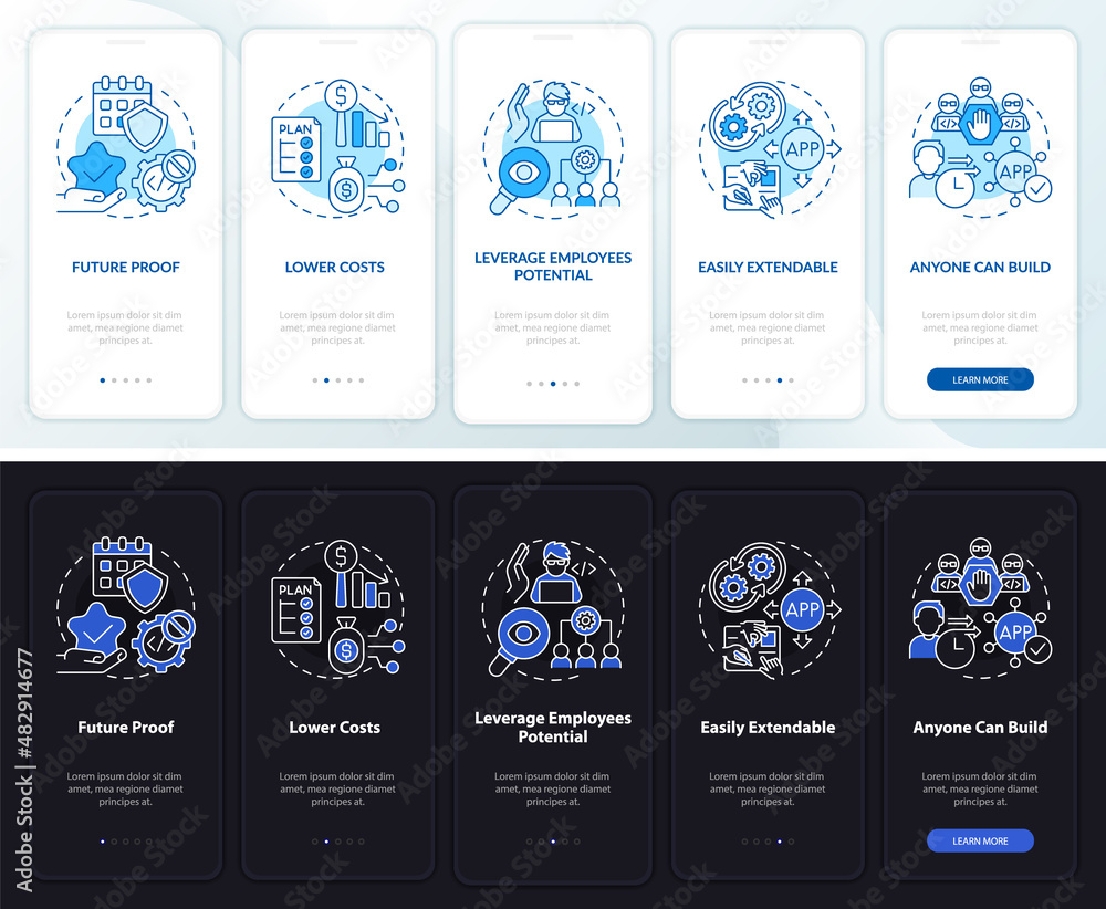 Poster no code night and day mode onboarding mobile app screen. web 3 0 walkthrough 5 steps graphic instruc