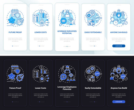 No code night and day mode onboarding mobile app screen. Web 3 0 walkthrough 5 steps graphic instructions pages with linear concepts. UI, UX, GUI template. Myriad Pro-Bold, Regular fonts used