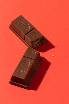 Lviv, Ukraine - January 8, 2022. Kit Kat split in half.