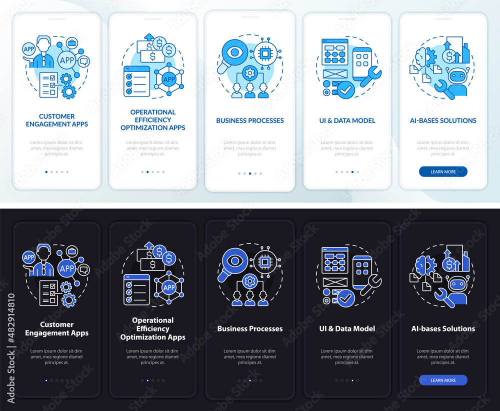 Poster apps for business night and day mode onboarding mobile app screen. web walkthrough 5 steps graphic i