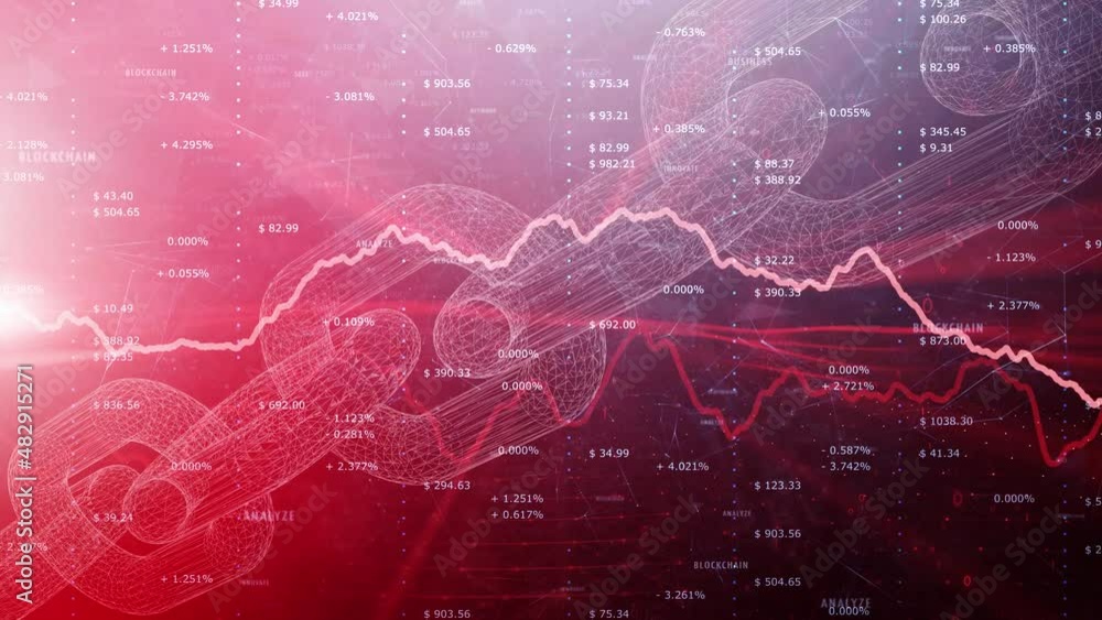 Poster red business cryptocurrency blockchain negative collapse recession with numbers and stockline animat
