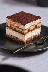 Tiramisu cake dessert served with coffee, biscuit and cocoa as ingredients on a bright white background. One piece