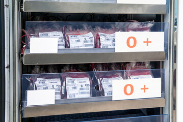 Refrigerated cabinet with stocks of blood bags in the hospital