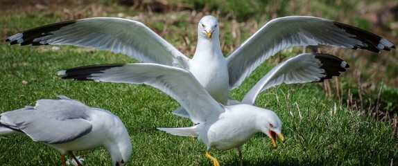 mean seagull scaring away other seagulls on grass