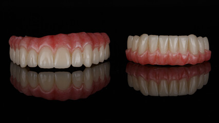 Temporary dentals Upper and lower jaws with rose gums on black glass with reflection