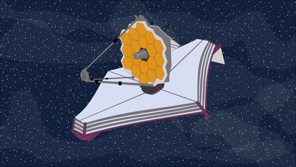 James Webb Space Telescope flight somewhwere in outer space. Vector illustration.