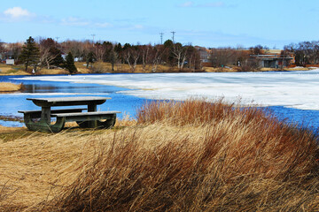 Obraz premium A picnic table by the side of a pond, Spring. Ice on pond mostly melted.