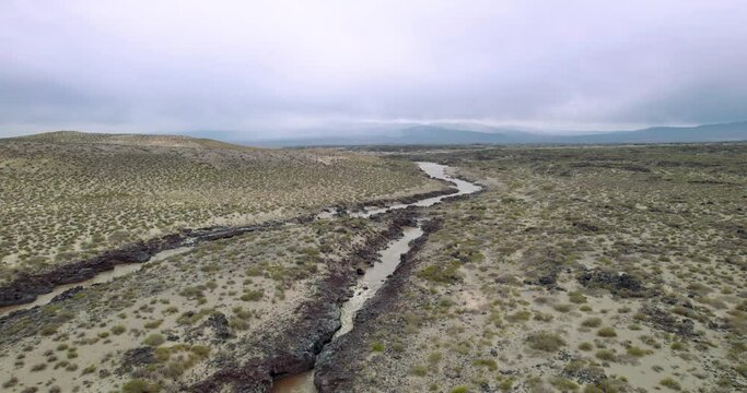 Payunia, Mendoza. Aerial View of Payunia. Cloudy day over the natural reserve located in the province of Mendoza, Argentina.