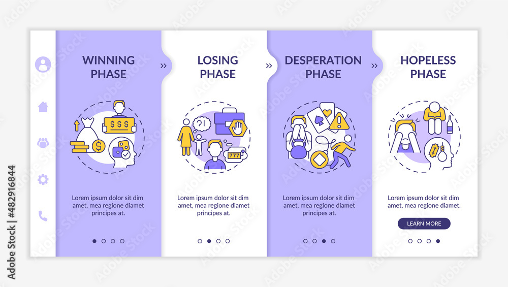 Poster phases of gambling addiction purple and white onboarding template. mental state. responsive mobile w