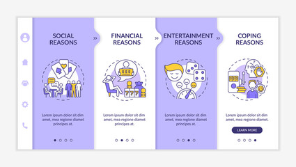Reasons to gamble purple and white onboarding template. Compulsive psychology. Responsive mobile website with linear concept icons. Web page walkthrough 4 step screens. Lato-Bold, Regular fonts used