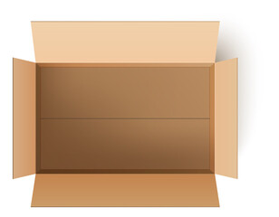 Open box top view. Empty cardboard package realistic mockup