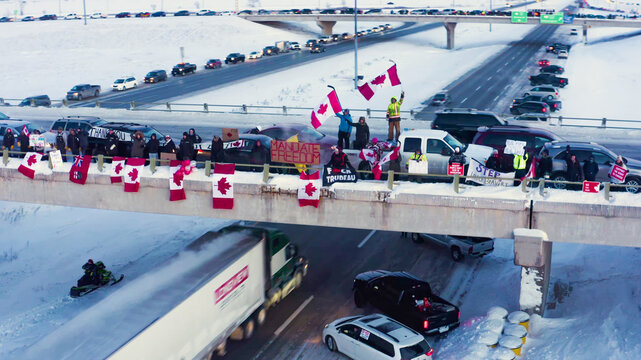 Freedom Convoy 2022 - Manitoba supporters show their support as convoy passes through winter praries