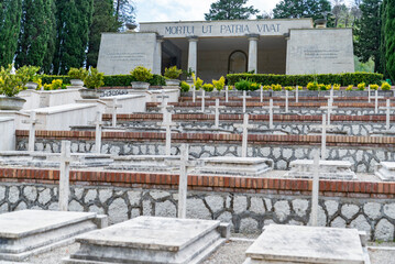 The military cemetery which contains the remains of 974 Italian soldiers who died during the fighting in the battles of Montelungo e Cassino during WWII - obrazy, fototapety, plakaty