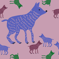 Seamless decorative  colored dogs . Hand drawn.